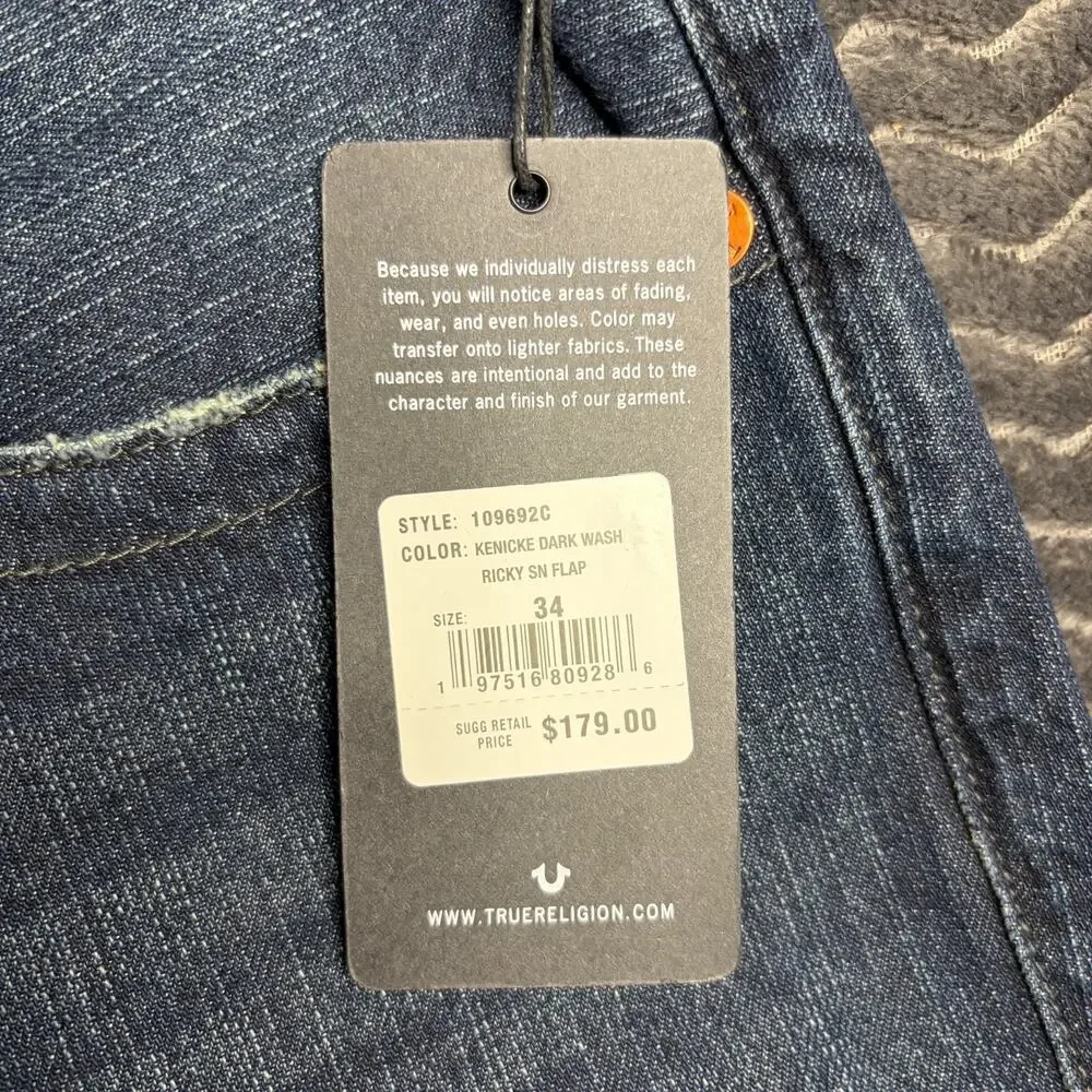 True Religion Men's Ricky Relaxed Straight Flap distressed Size 34x34 NWT